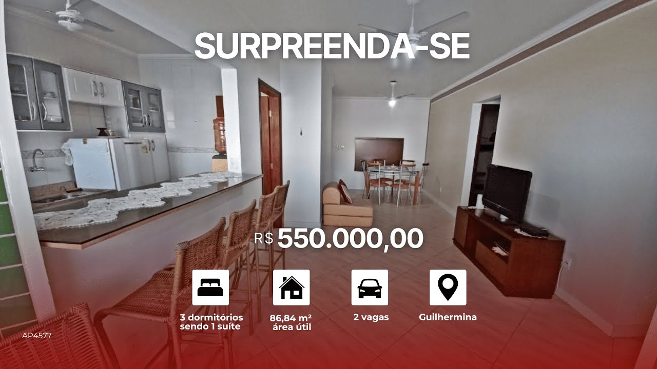 Frente Mar em Praia Grande/SP | 3 Dormitórios, Mobiliado e Lazer completo!