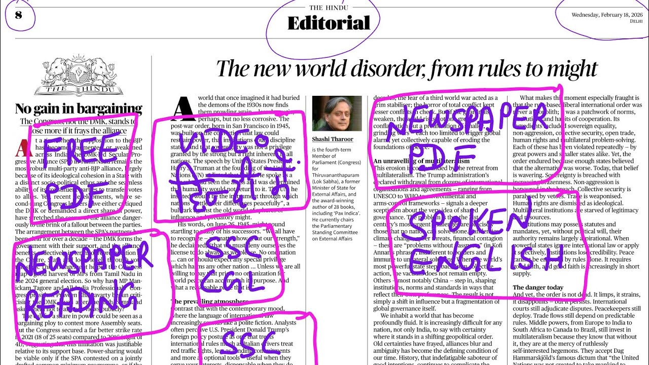 18 February 2026 | The Hindu newspaper analysis today | how to read English newspaper