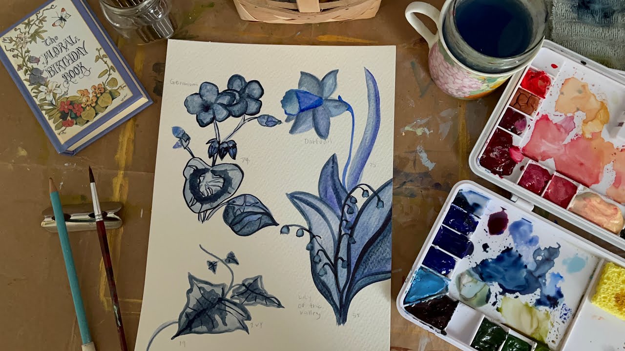 Botanical illustrations in Monochromatic Blue Hues 