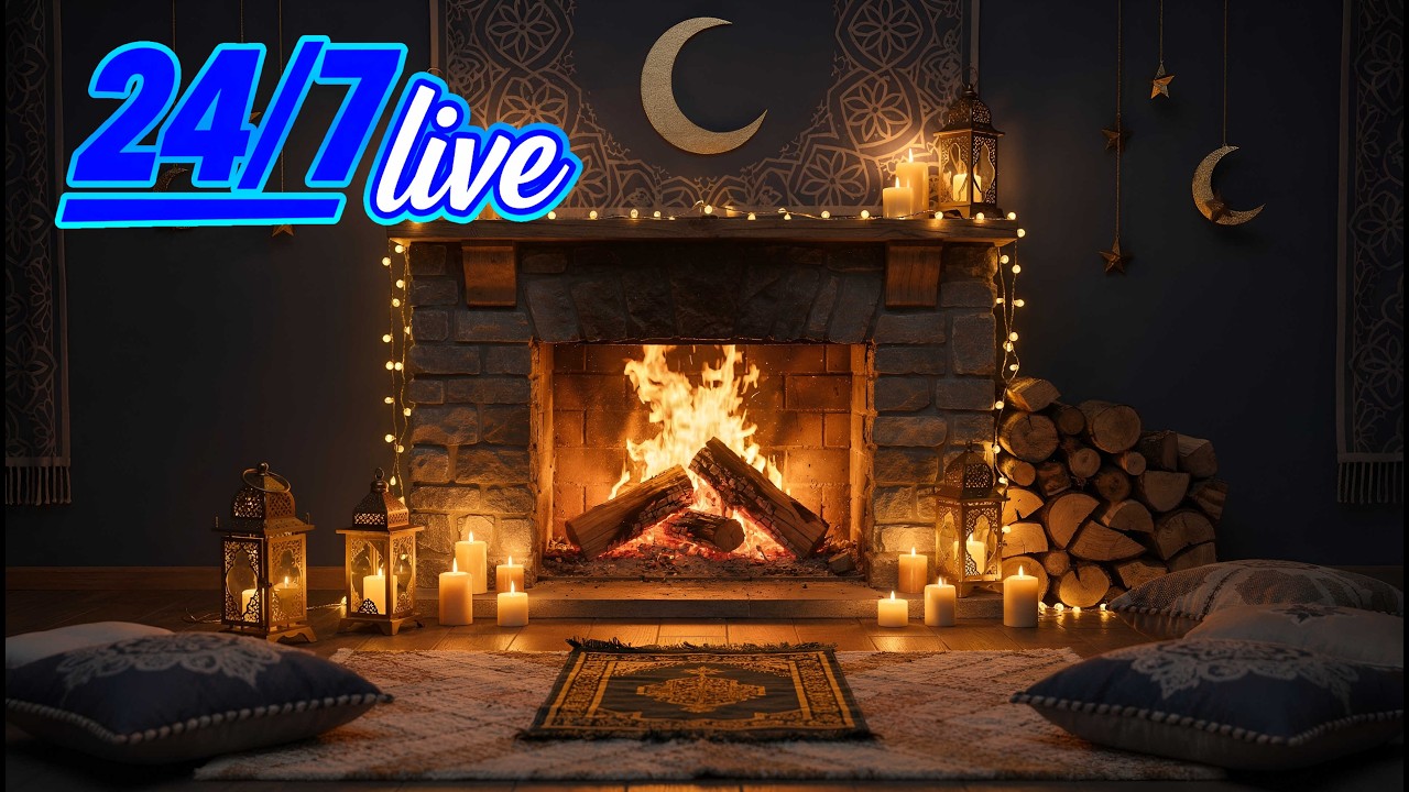 🔵 24/7 Live Ramadan Fireplace 4K 🌙 Ramadan Kareem | Cozy Lantern & Fire Ambience (No Music)