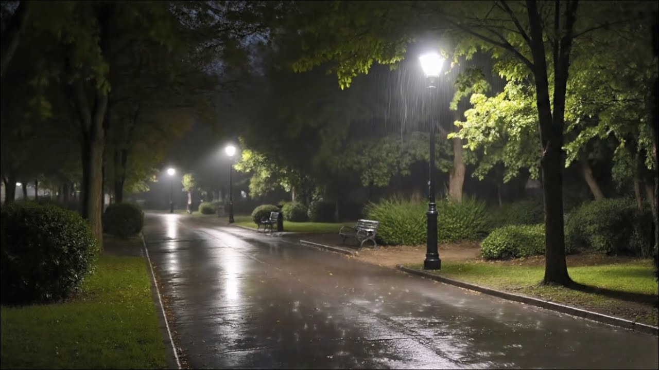 ASMR-звуки дождя в парке ветреной ночью
