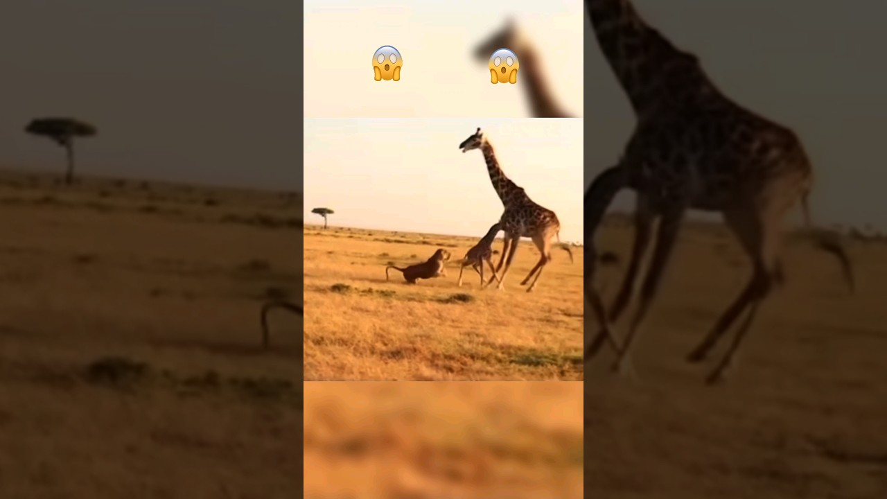 😧Giraffe Mom Defends Baby from Lion Attack, Baby Gets Hurt😰#shorts #shortfeed #shortvideo #fyp