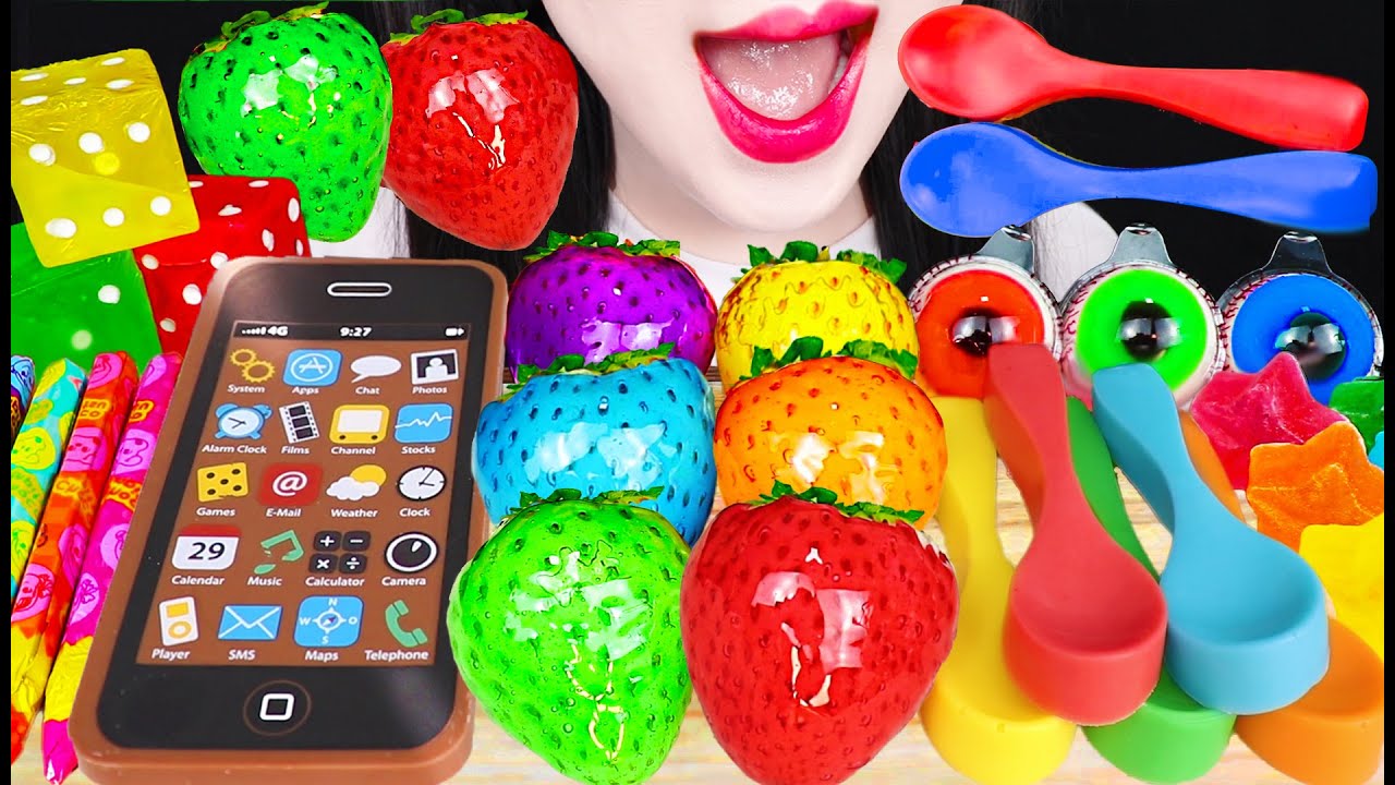 ASMR RAINBOW DESSERTS *EDIBLE SPOON, iPhone, TANGHULU, KOHAKUTO 레인보우 디저트 MUKBANG 먹방