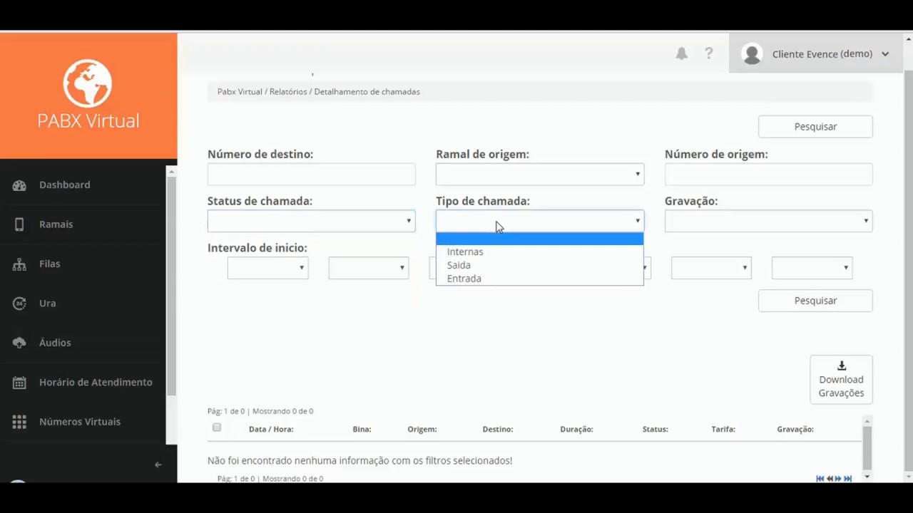 Dashboard do PABX VIRTUAL Evence