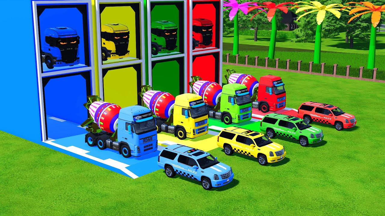 Garage with Colors - ALL MIXER TRUCK WITH FLATBED TRAILER TRUCK, MERCEDES, DAF, IVECO, SCANIA - FS22