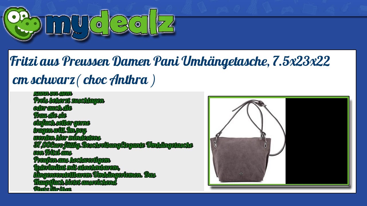 53% SPAREN - Fritzi aus Preussen Damen Pani Umh�ngetasche, 7.5x23x22 cm schwarz( choc Anthra )