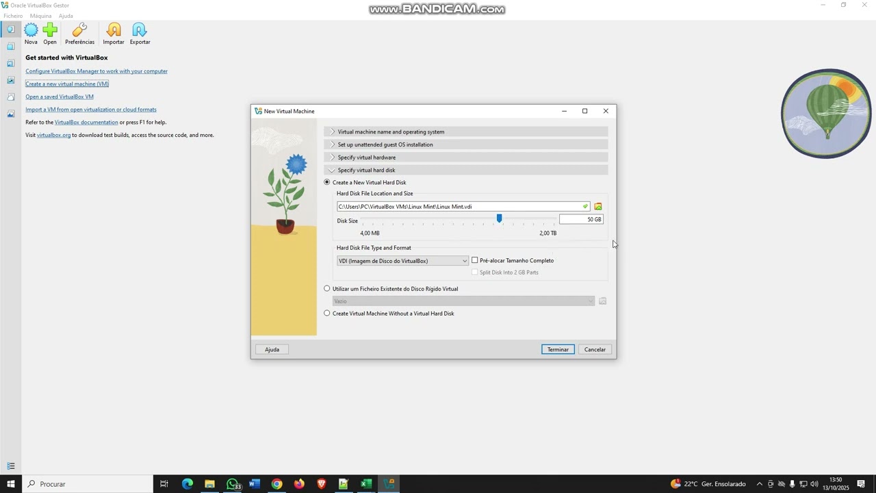 Criação da máquina virtual e instalação do Mint Linux