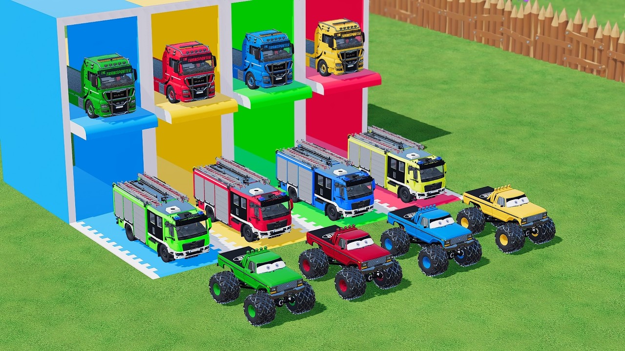 Garage with Colors   ALL MIXER TRUCK WITH DOUBLE FLATBED TRAILER TRUCK, MAN, SCANIA, FIRE TRUCK