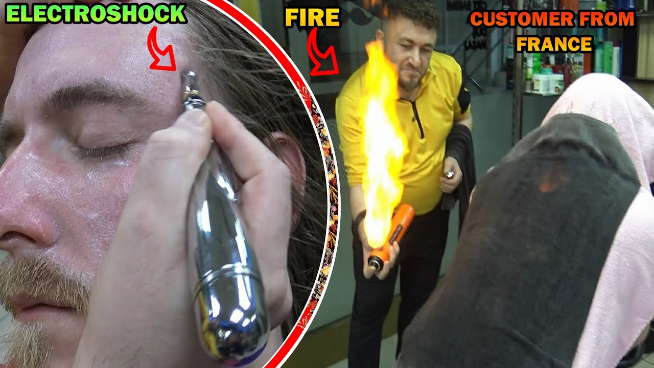 ASMR BARBER FIRE MASSAGE & CRACKING & head, electroshock, back, face, ear, neck, foot, leg massage