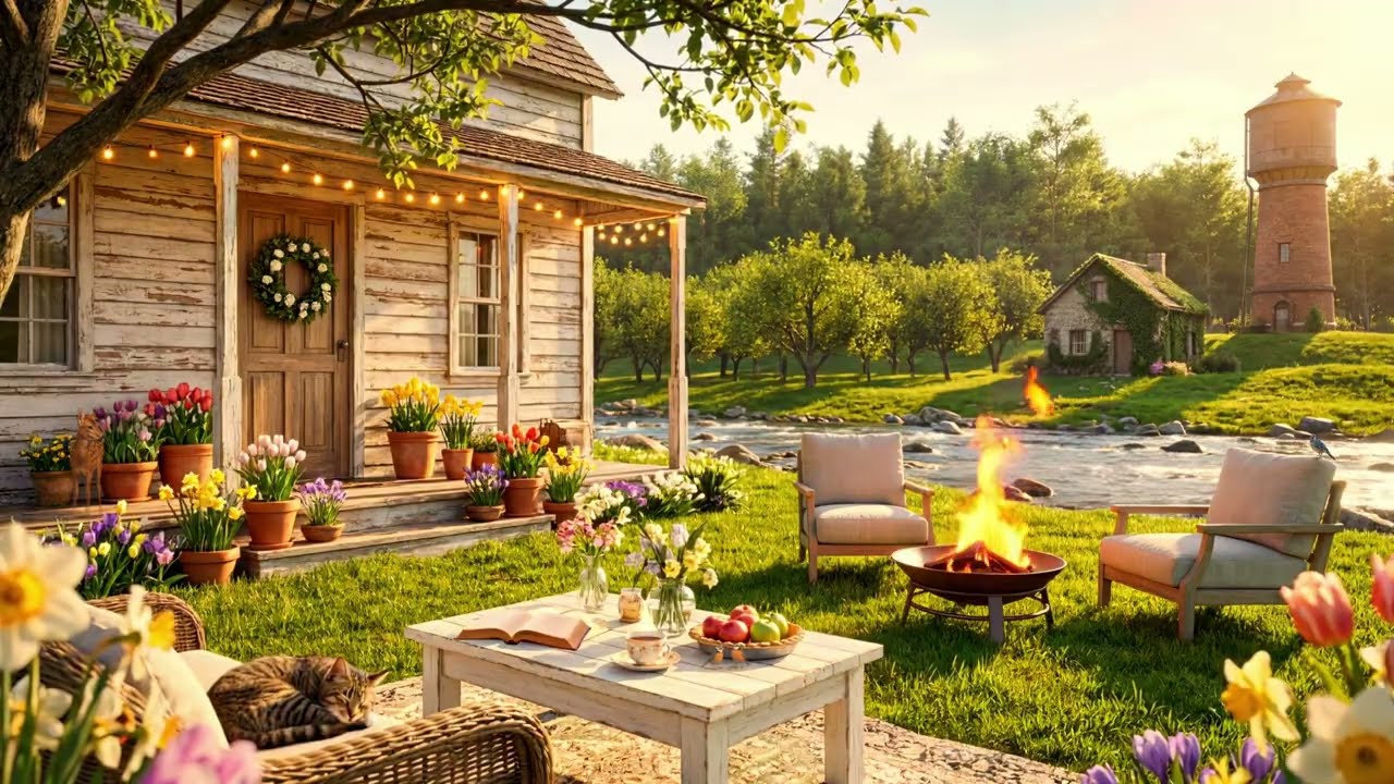 🌲 Quiet Morning on a Riverside Cabin Porch 🌅🔥 Fire Pit, Calm Water and Birdsong Ambience