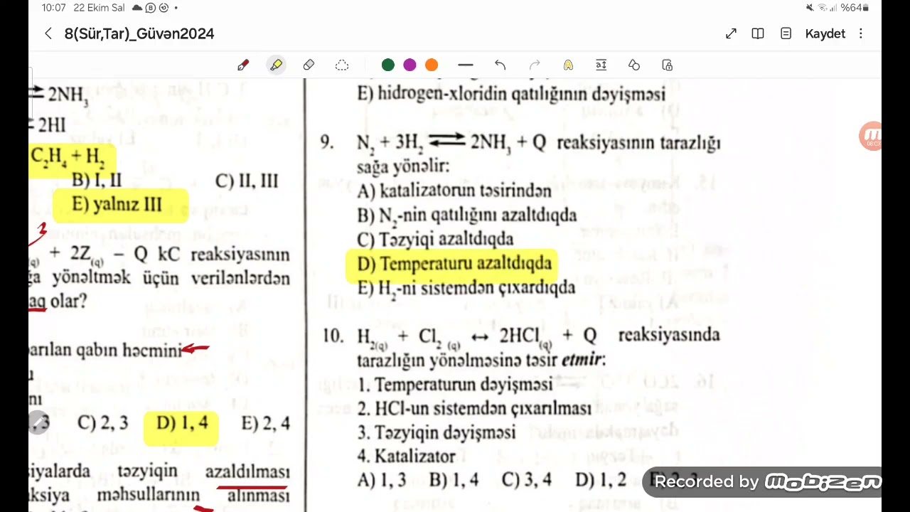 Güvən 2024 test izahı | 8.4 Kimyəvi tarazlığa təsir edən amillər | Ləman Heydərli | 051 542 09 87