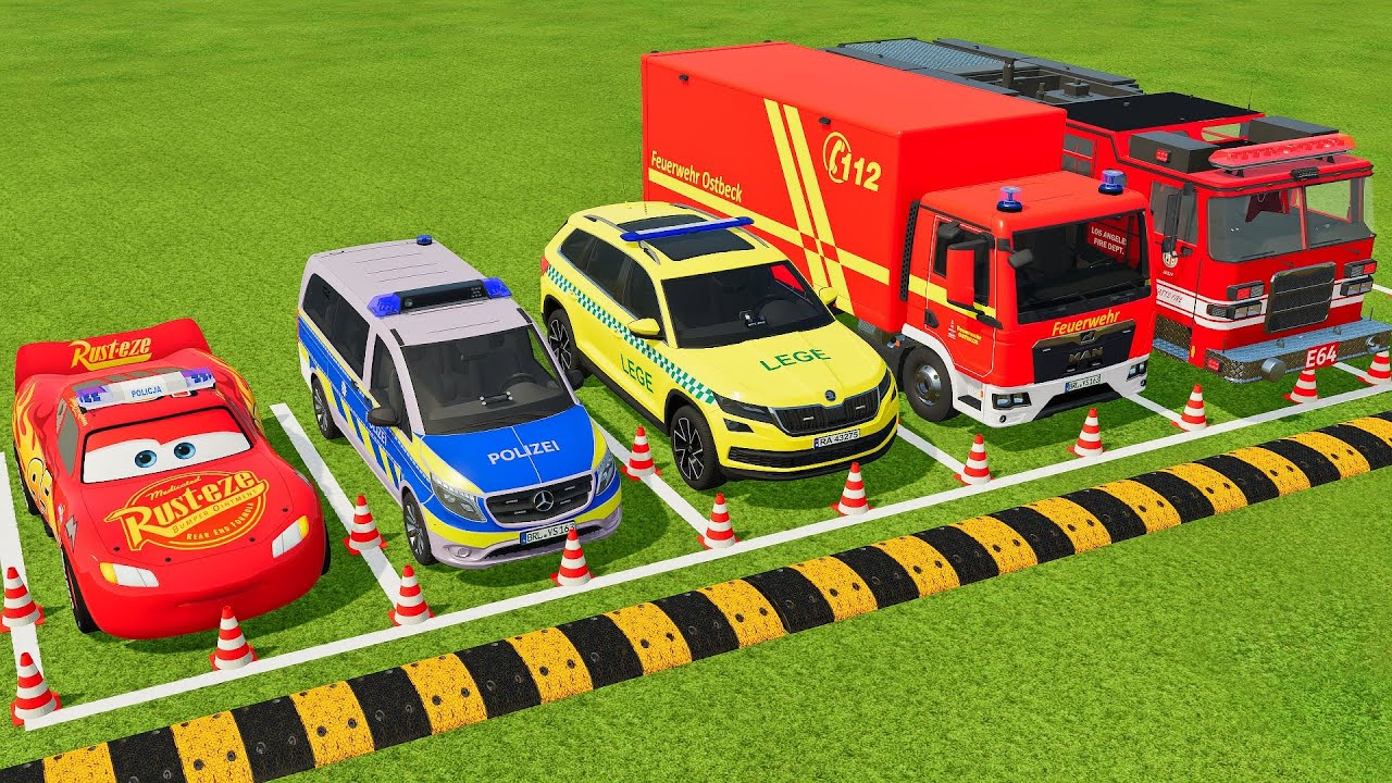 TRANSPORTING POLICE CARS. AMBULANCE, FIRE DEPARMENT VEHICLES WITH MAN TRUCKS TO THE GARAGE ! FS22#2