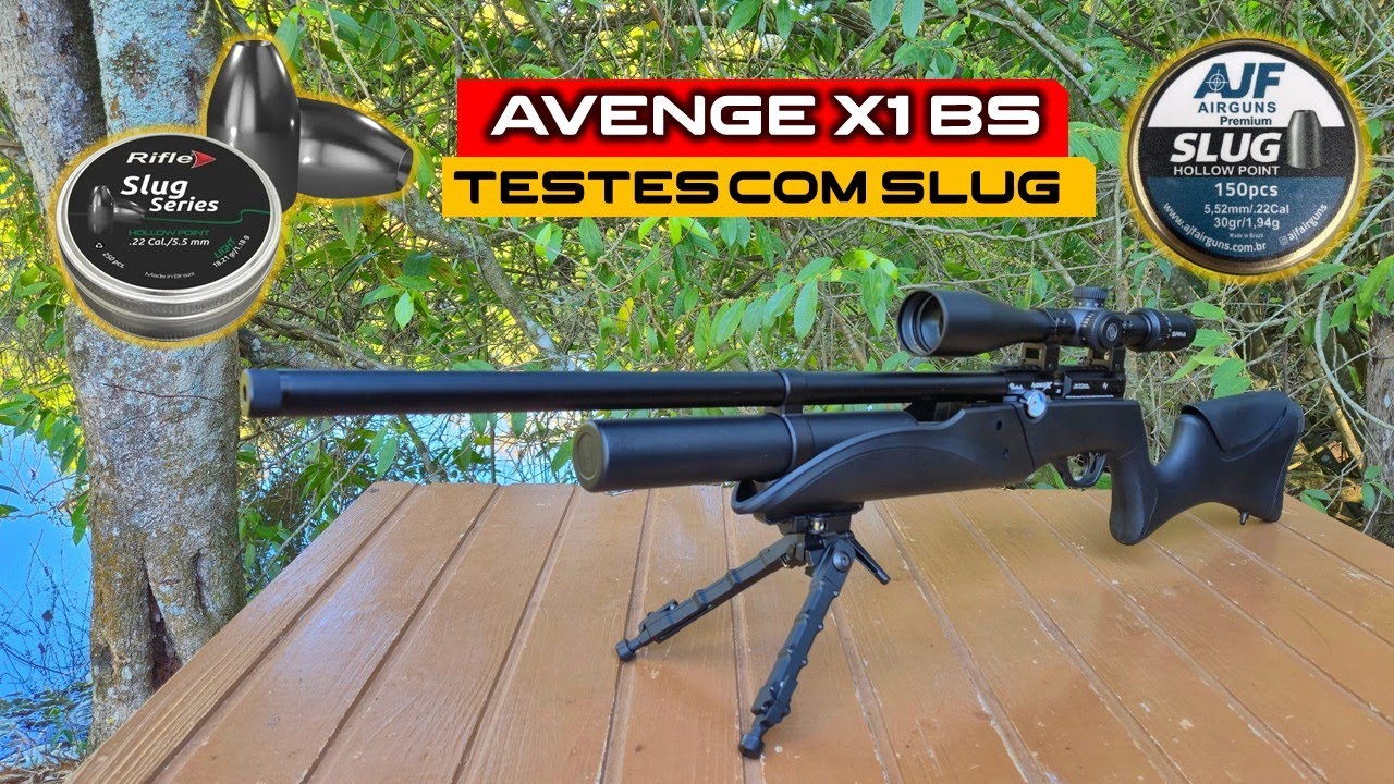 TESTEI SLUG RIFLE E AJF NA CARABINA PCP AVENGE X1 5.5 BS