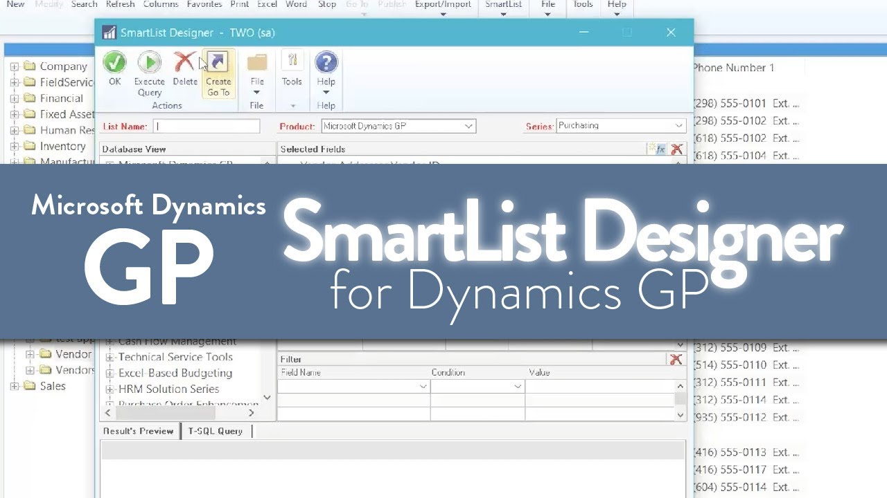 Использование SmartList Designer для создания нового SmartList в Microsoft Dynamics GP.