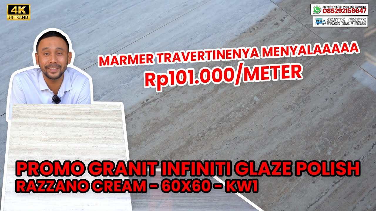 PROMO GRANIT MOTIF TRAVERTINE, MARMER ALAMI GLAZE POLISH KW 1, Rp101.000/M - INFINITI RAZZANO CREAM