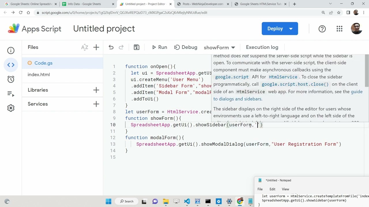 Google Sheets HTMLService Tutorial to Show Sidebar Modal Dialog Form in Google Sheets in App Script