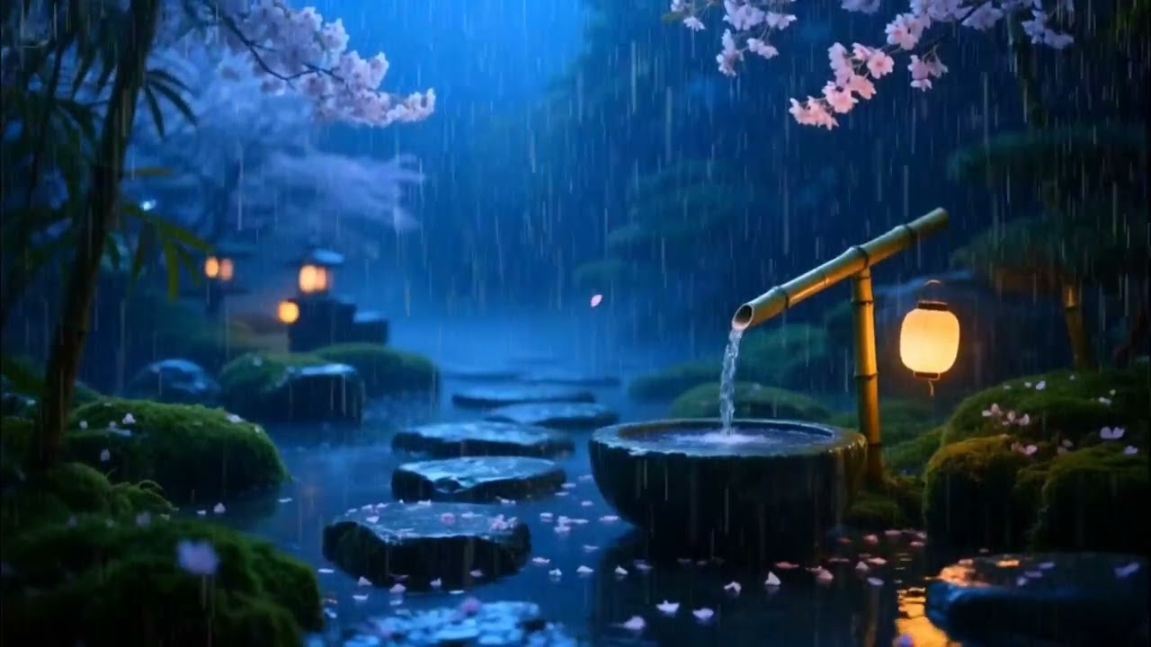 Gentle Midnight Rain and Relaxing Piano in a Zen Garden | Calm Sleep