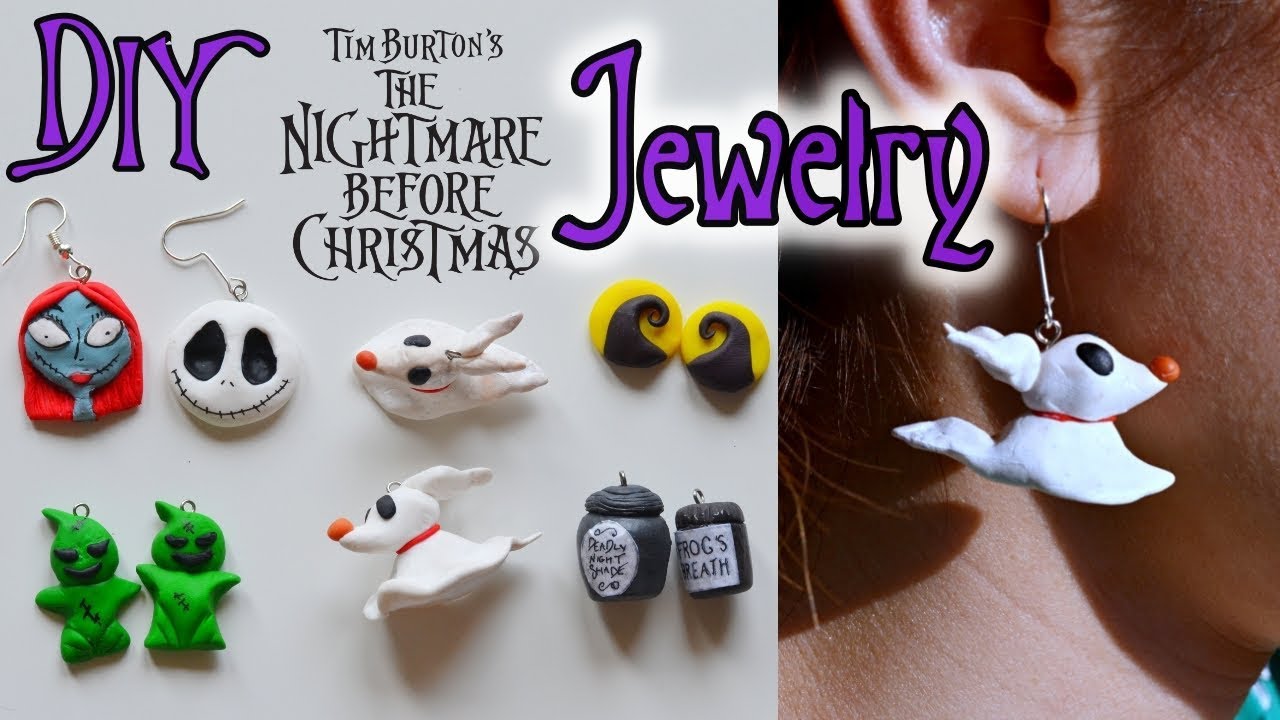 DIY easy Nightmare Before Christmas Jewelry - clay earrings, necklace, ring for Halloween