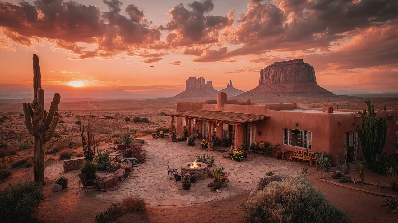 Sunset Fire Pit Ambience in the Arizona Desert | Adobe House & Mesas with Nature Sounds