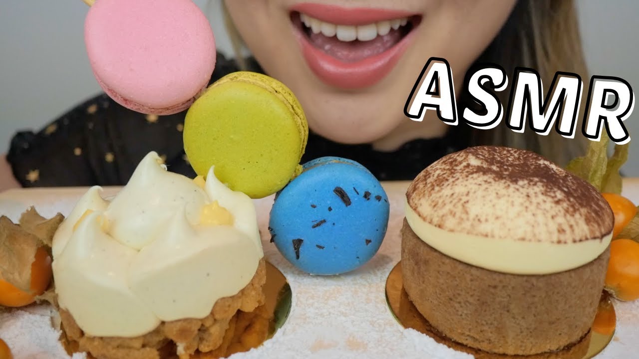 ASMR Mini Cakes *Coffee Mushroom, Passion Fruit Mousse Cake with Macarons NO Talking Eating Sounds
