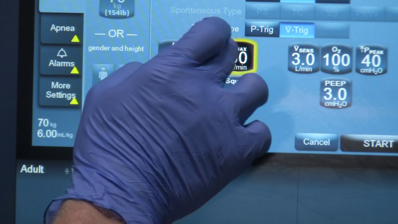 SETTING UP A COVIDIEN PB 980 MECHANICAL VENTILATOR PART 3: BASIC INITIATION  OF AC VOL