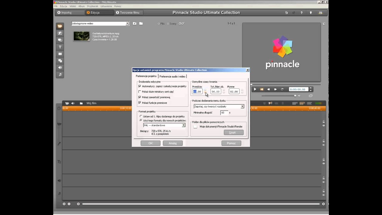 Darmowy Kurs Pinnacle -  Ustawienia Programu oraz Projektu