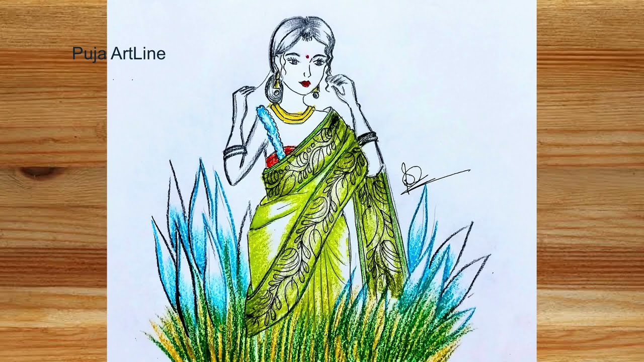 Beautiful Bengali Girl with Kashful | Durga puja special drawing | Autumn Vibe Sketch