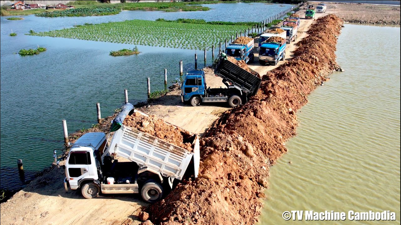 Wonderful Project Backfilling Construction Of Machinery Team Dozer & Truck 5T Spreading Into Water
