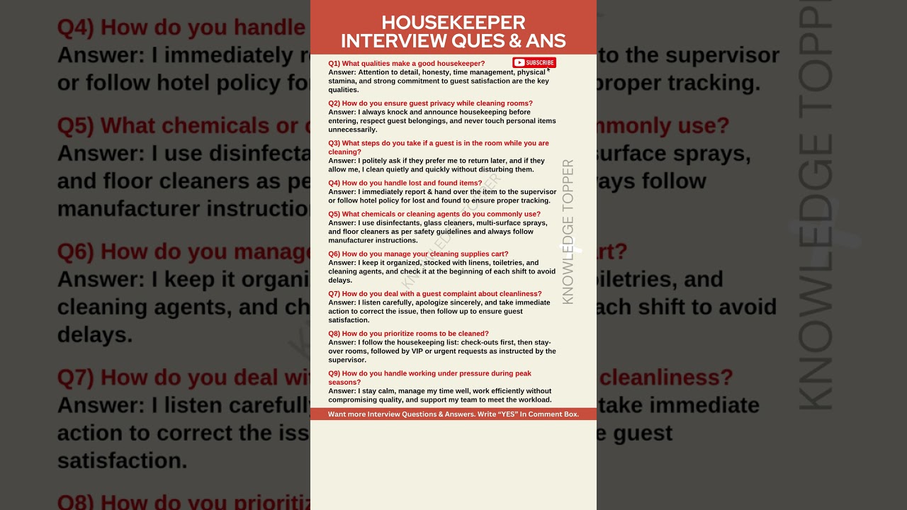 Housekeeping Interview Questions and Answers | Housekeeping Training Video