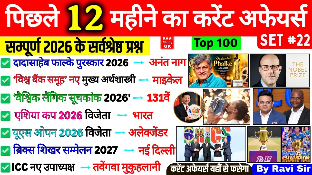 Last 12 Months Current Affairs 2026 | January 2026 to September 2026 | Imp ssc cgl bpsc railway