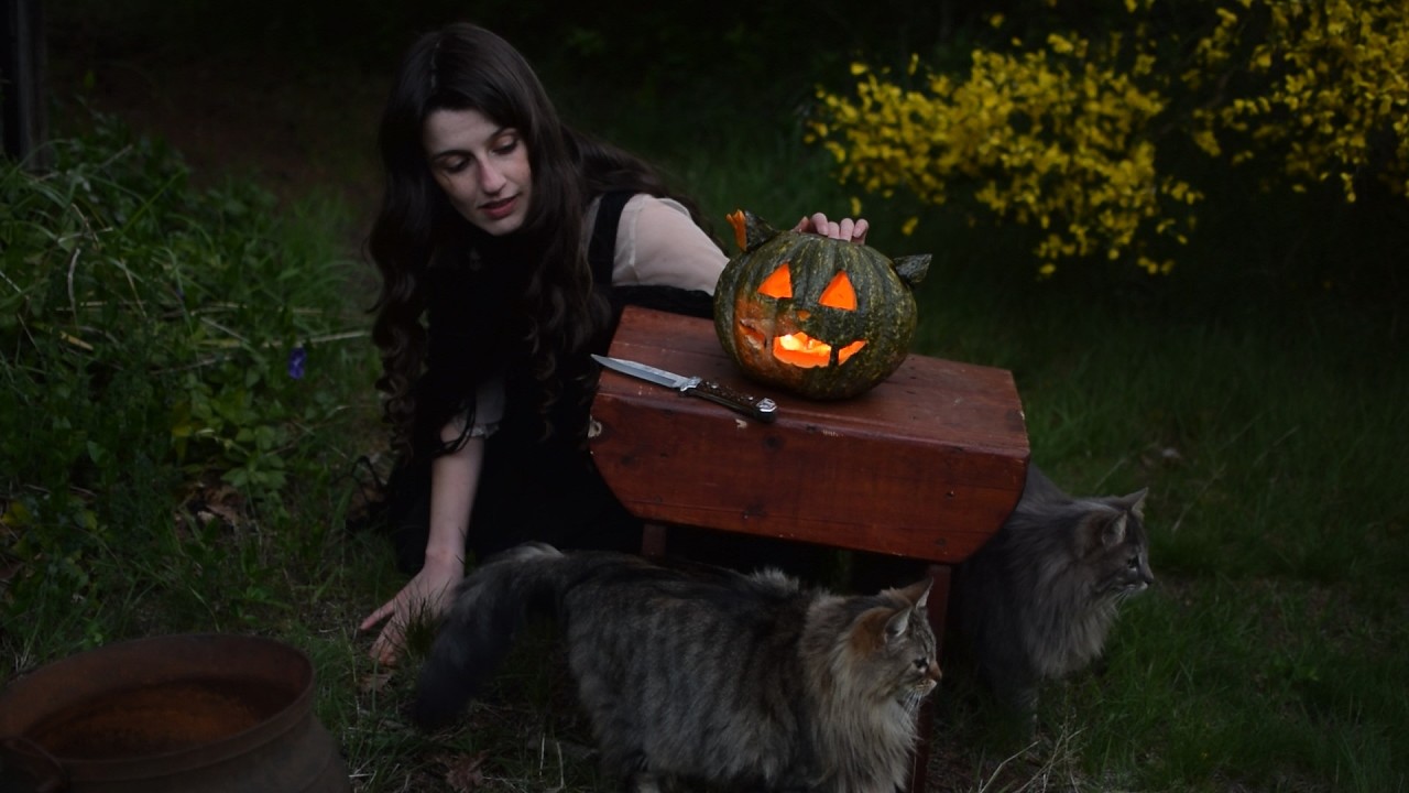 Halloween in a COZY CABIN: Making a Witch Broom & a Cat Pumpkin Lantern