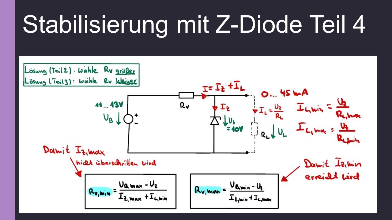Spannungsstabilisierung Teil 4: Berechnen des optimalen Vorwiderstandes bei Zenerdiode / Z-Diode