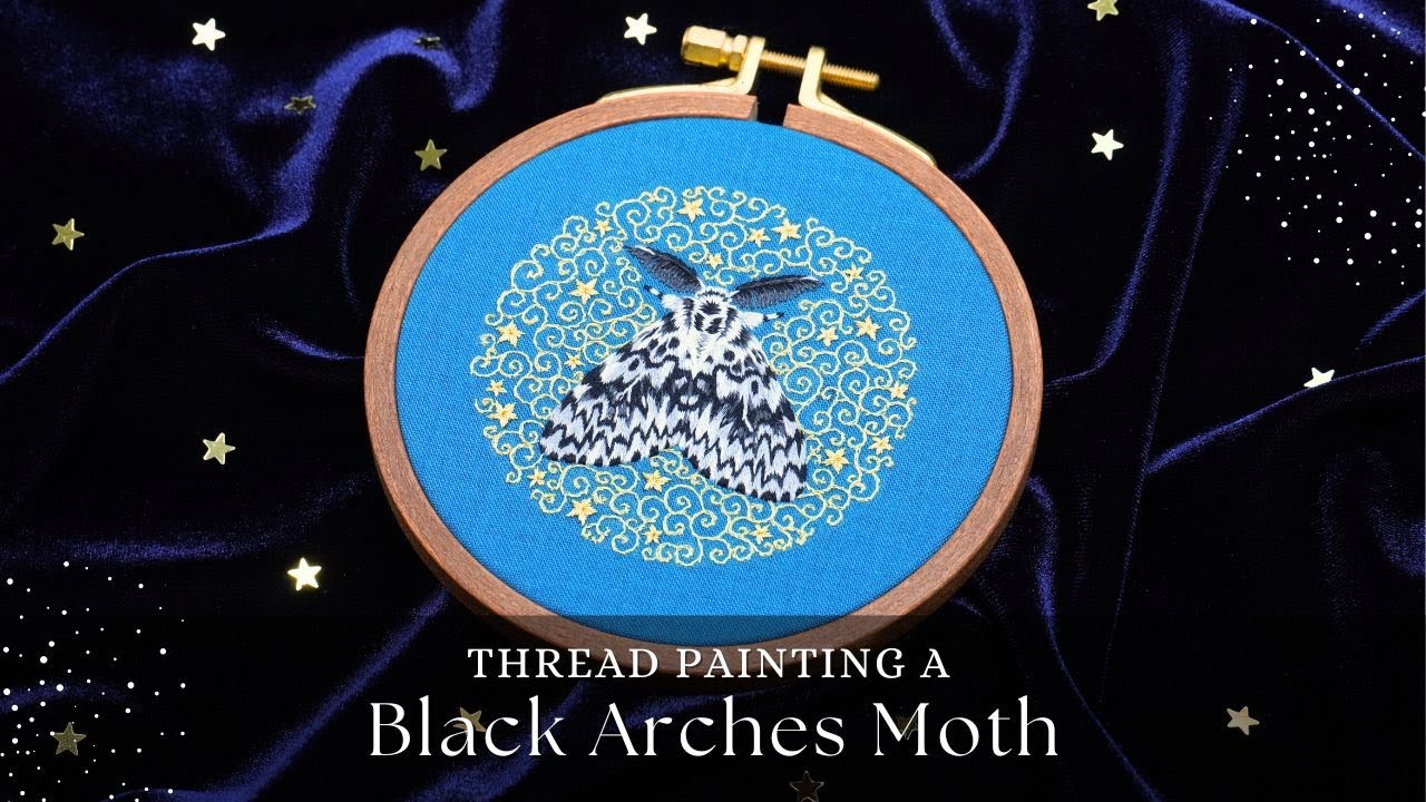 Embroidering a beautiful black arches moth | Relaxing music | Thread painting process