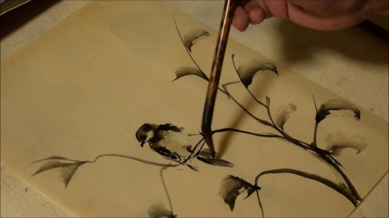 sumi e bird　&　old　tree