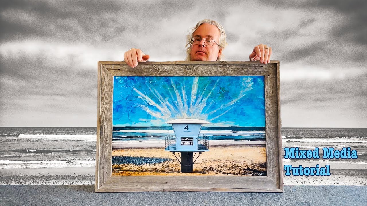 Lifeguard Tower with impressionist sky - acrylics alcohol inks and oils on black and white photo