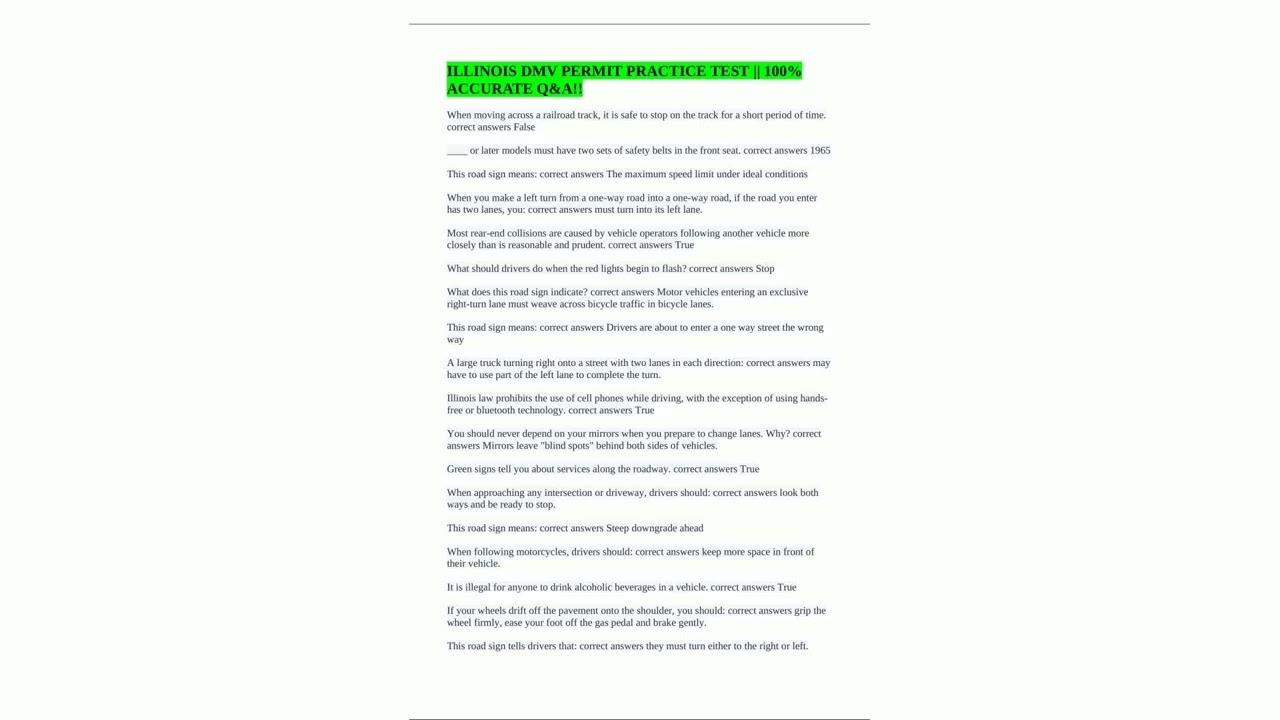 ILLINOIS DMV PERMIT PRACTICE TEST  100 ACCURATE QA8