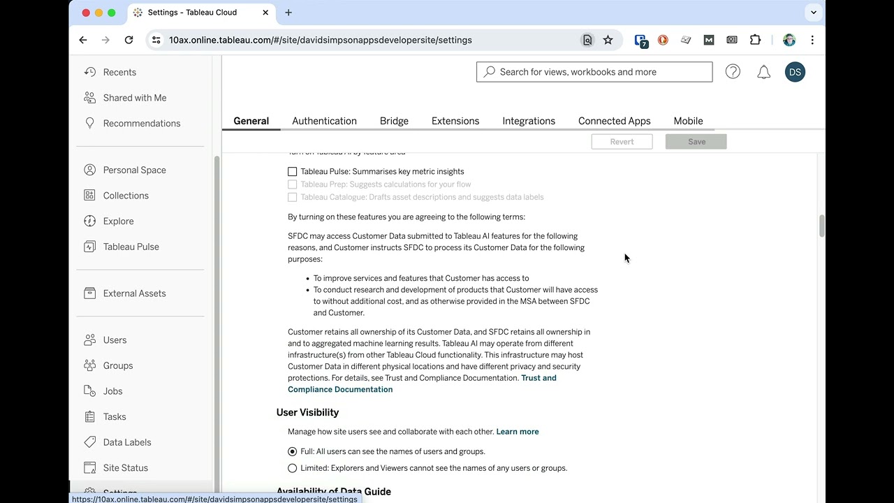 Tableau Cloud &bull; How to enable personal access tokens