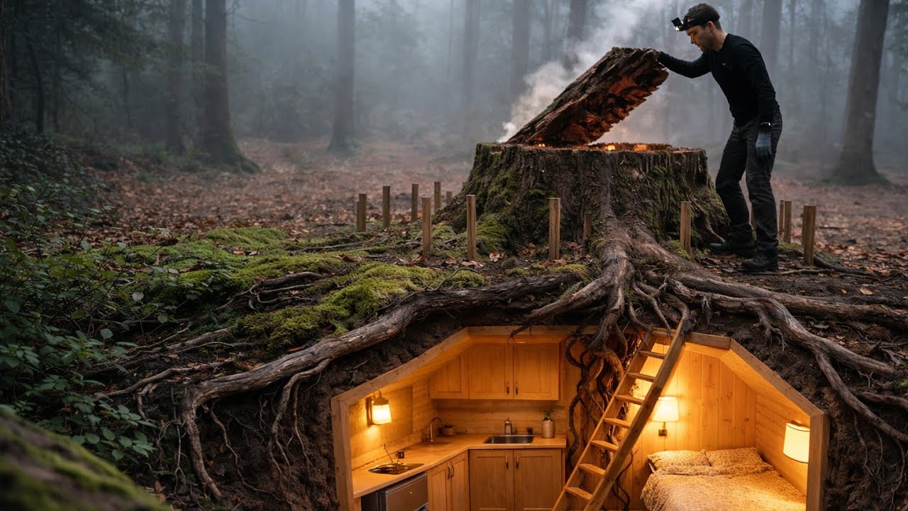 Building a house in the forest (ASMR) - This guy built a modern mini basement house all by himself