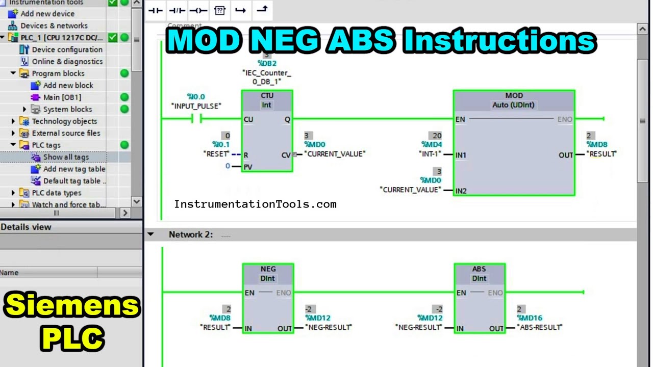 Basics of Siemens PLC Programming - MOD NEG ABS Instructions
