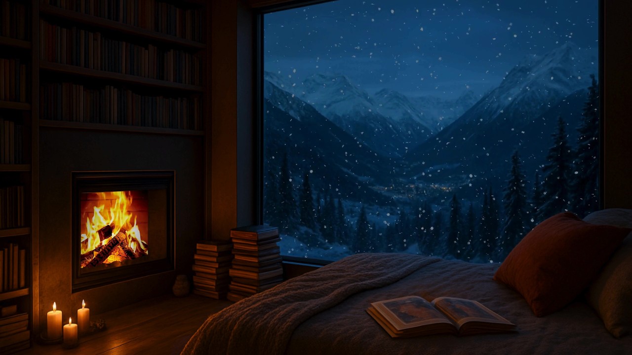 🔥 Cozy Cabin Ambience Fireplace & Snowfall | ❄️ Snow Mountain Sounds for Deep Rest