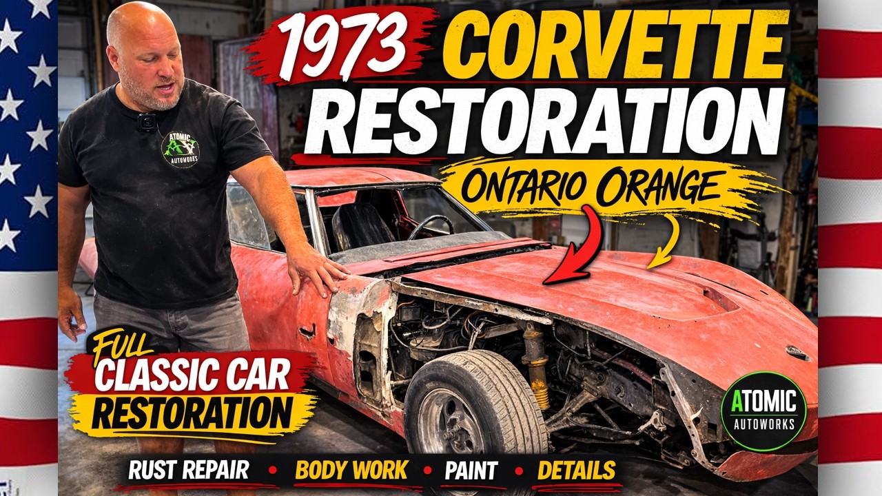 Автомастерская реставрирует Corvette 1973 года. Онтарио, Оранж.