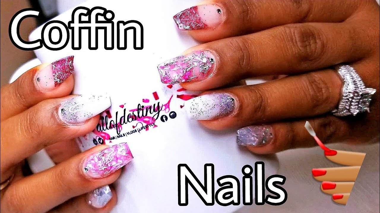(1ST-ATTEMPT) COFFIN NAILS on my Sister | Sculpted PINK & SILVER Glittered Acrylic Nails