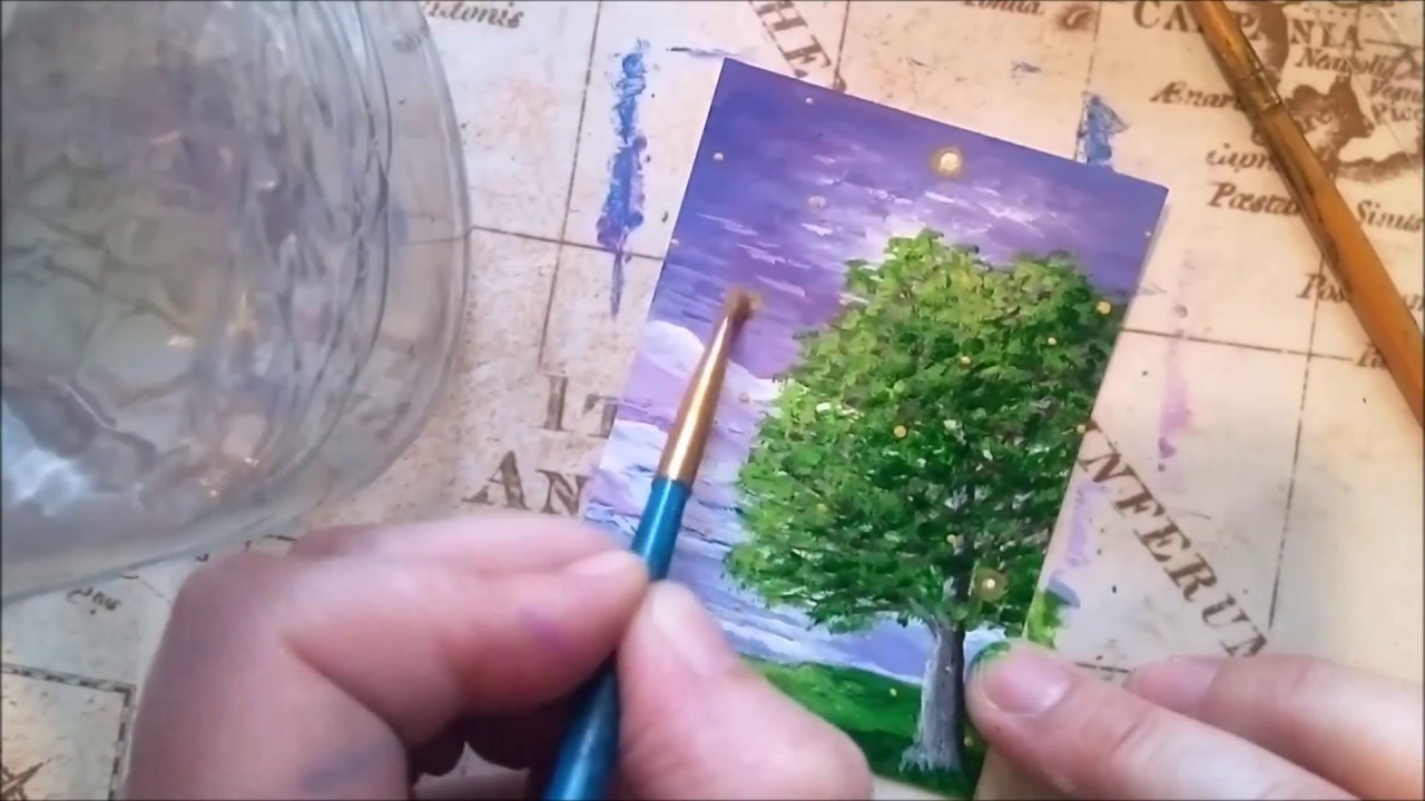 Creating an Artist Trading Card - Miniature Acrylic Landscape Painting With Fireflies (ACEO)