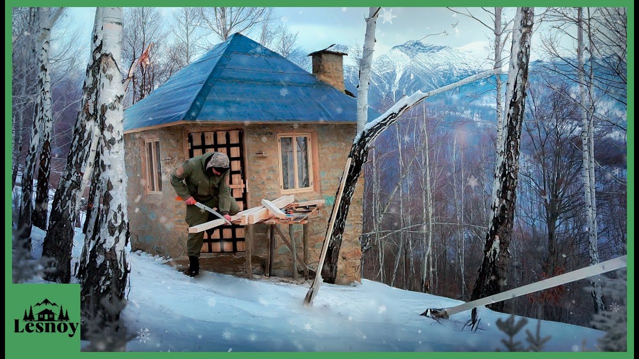 Built stone House in the forest Alone. From beginning to end