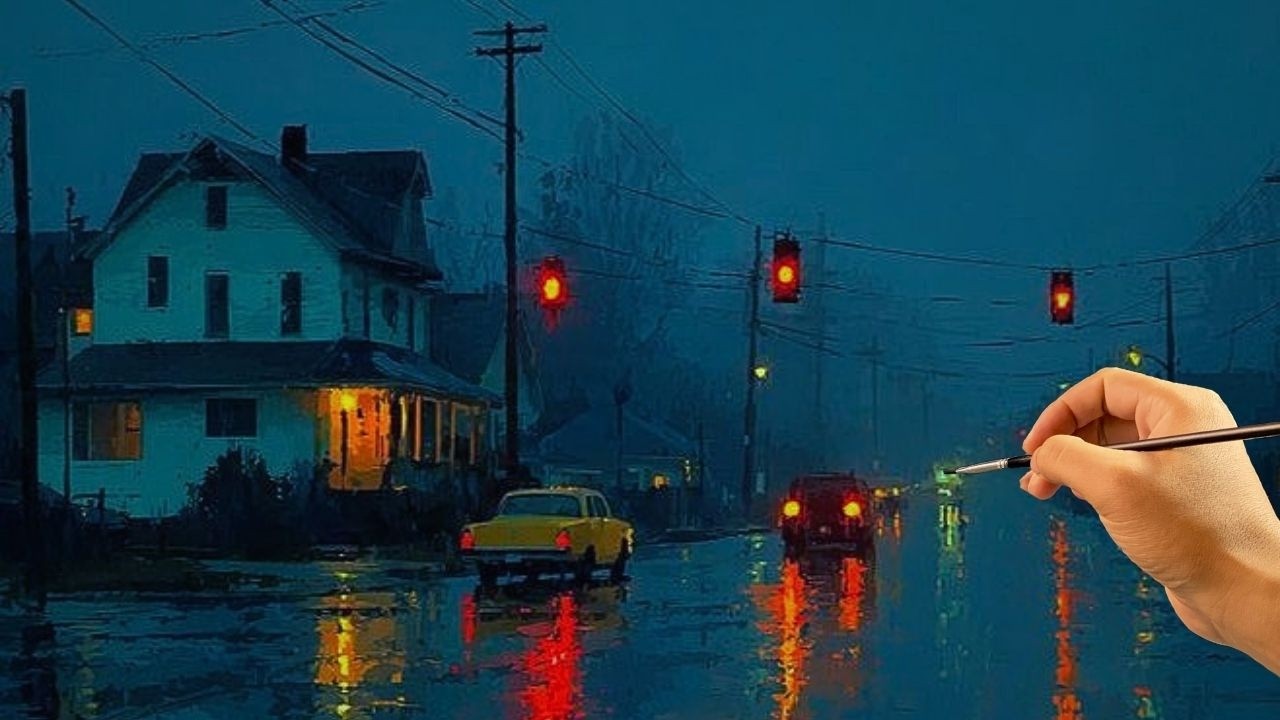 ⭐ Can You Paint This Rainy Night Road? | Easy Acrylic Painting Tutorial for Beginners | #0147