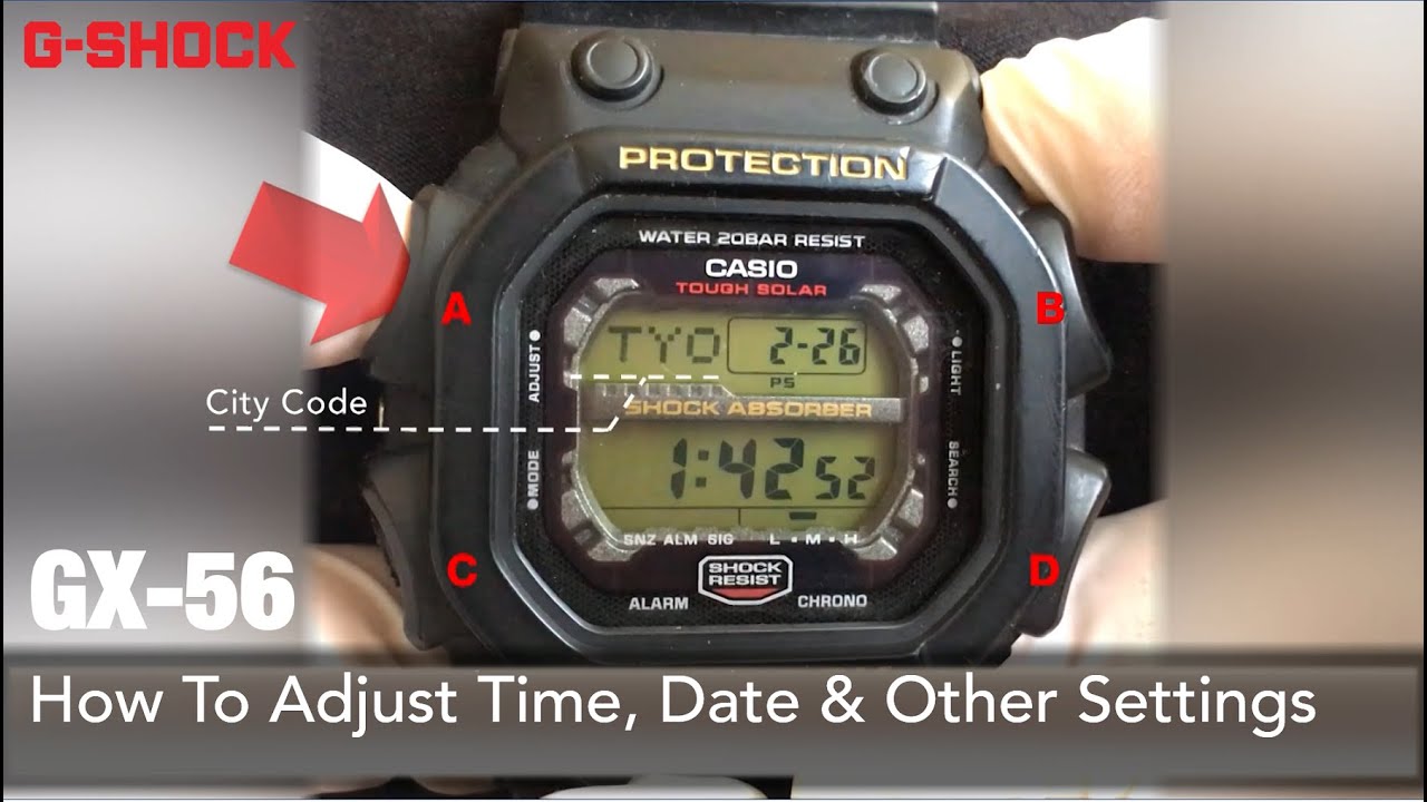 CASIO G-Shock GX-56  How to Adjust Time, Date, City Code, DST, Illumination, Power Saving -Tutorial