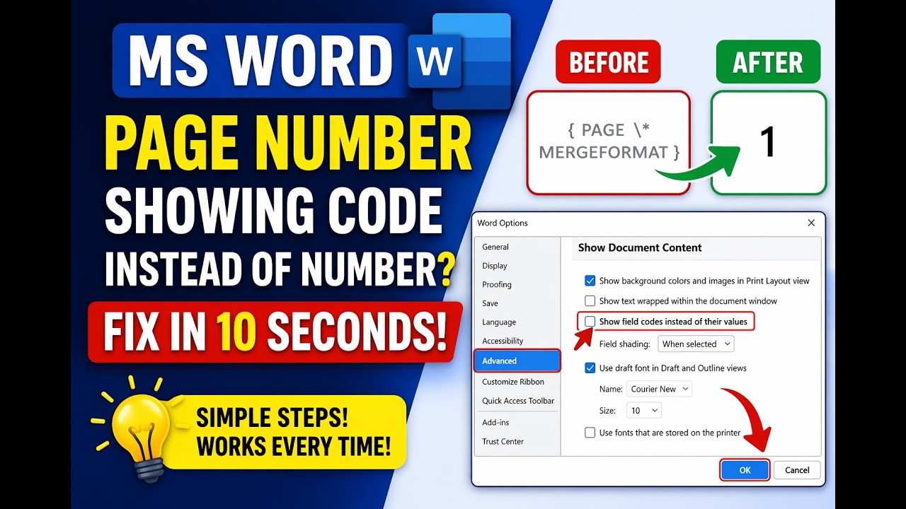 MS Word Page Number Showing Code { PAGE \* MERGEFORMAT } Instead of Number - FIX in 10 Seconds!