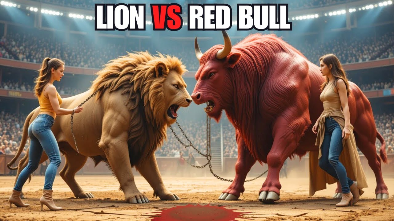Massive Muscular Lion vs. Red Bull Training | Powerful Arena Performance with Muscular Trainers