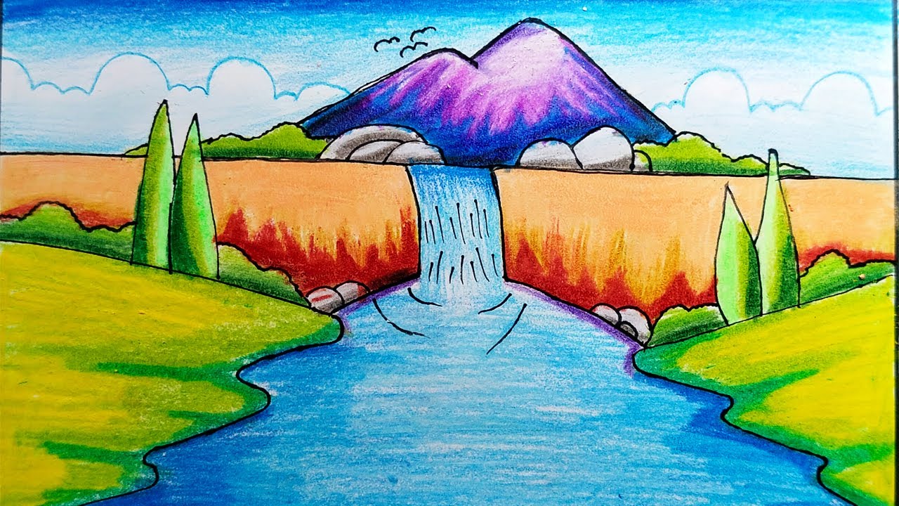 Beautiful Waterfall and Village Scenery Drawing || Easy Nature Landscape for Beginners