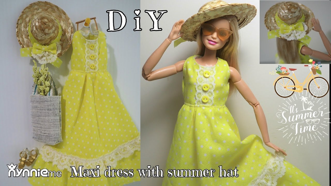 DIY Casual maxi dress with summer hat for Barbie | nynnie me